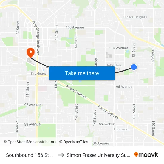 Southbound 156 St @ 100 Ave to Simon Fraser University Surrey Campus map