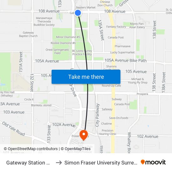 Gateway Station @ Bay 3 to Simon Fraser University Surrey Campus map