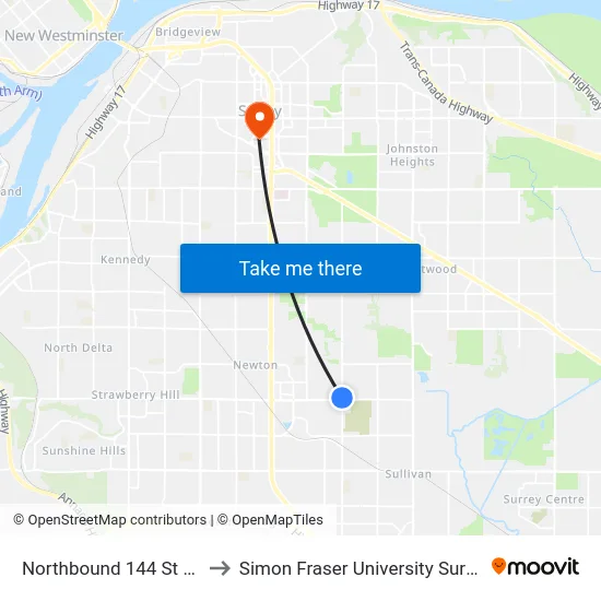 Northbound 144 St @ 72 Ave to Simon Fraser University Surrey Campus map