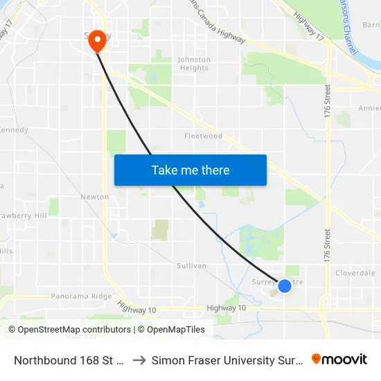 Northbound 168 St @ 60 Ave to Simon Fraser University Surrey Campus map