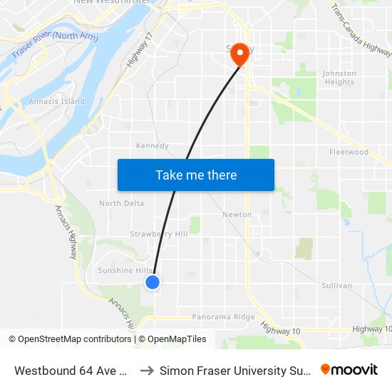 Westbound 64 Ave @ Scott Rd to Simon Fraser University Surrey Campus map