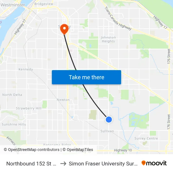 Northbound 152 St @ 68 Ave to Simon Fraser University Surrey Campus map