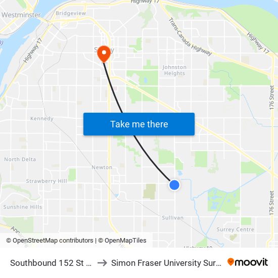 Southbound 152 St @ 72 Ave to Simon Fraser University Surrey Campus map