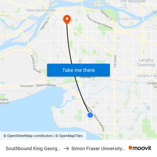 Southbound King George Blvd @ 24 Ave to Simon Fraser University Surrey Campus map