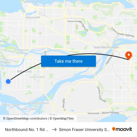 Northbound No. 1 Rd @ Francis Rd to Simon Fraser University Surrey Campus map