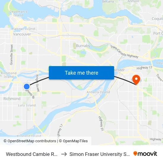 Westbound Cambie Rd @ Shell Rd to Simon Fraser University Surrey Campus map