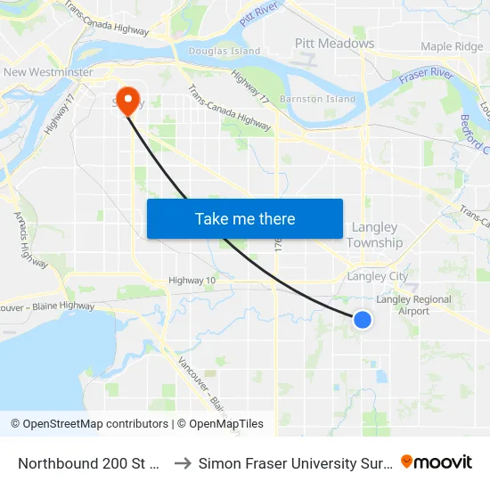 Northbound 200 St @ 45a Ave to Simon Fraser University Surrey Campus map