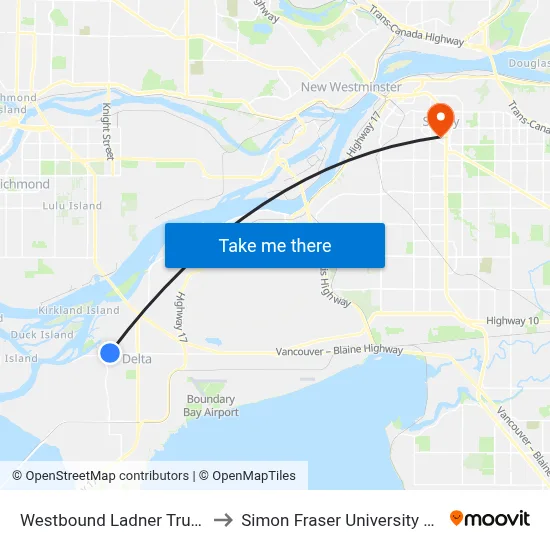 Westbound Ladner Trunk Rd @ 53 St to Simon Fraser University Surrey Campus map