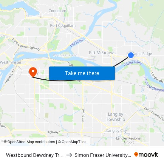 Westbound Dewdney Trunk Rd @ 216 St to Simon Fraser University Surrey Campus map