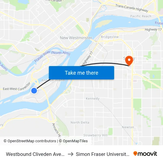 Westbound Cliveden Ave @ Carleton Court to Simon Fraser University Surrey Campus map