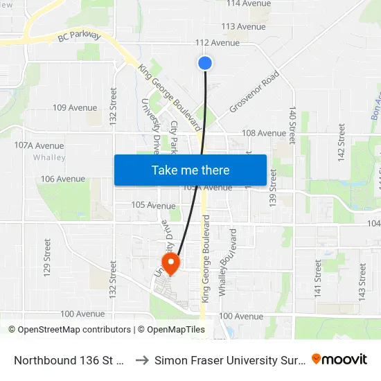 Northbound 136 St @ 111 Ave to Simon Fraser University Surrey Campus map