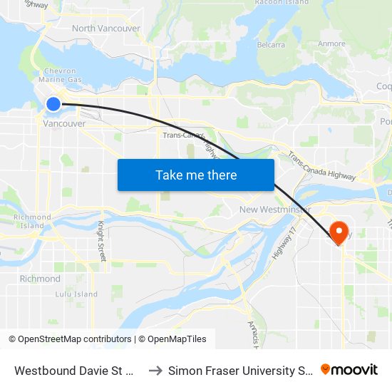 Westbound Davie St @ Richards St to Simon Fraser University Surrey Campus map