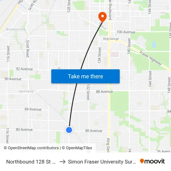 Northbound 128 St @ 80 Ave to Simon Fraser University Surrey Campus map