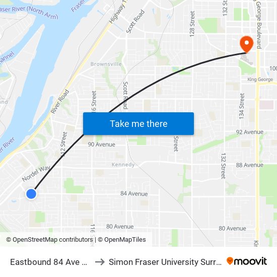 Eastbound 84 Ave @ 108 St to Simon Fraser University Surrey Campus map