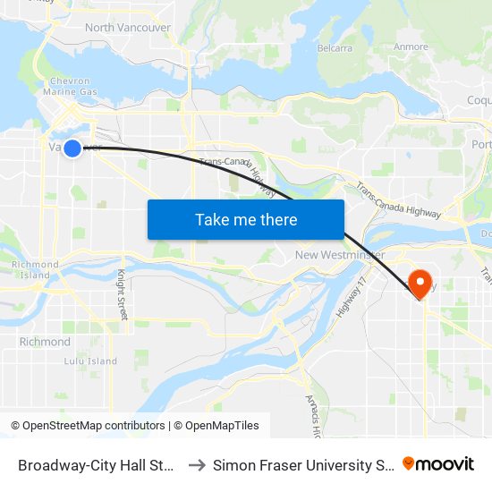 Broadway-City Hall Station @ Bay 4 to Simon Fraser University Surrey Campus map