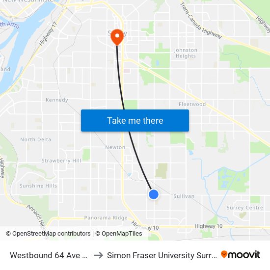 Westbound 64 Ave @ 144 St to Simon Fraser University Surrey Campus map