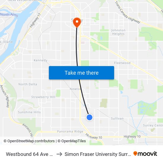 Westbound 64 Ave @ 140 St to Simon Fraser University Surrey Campus map