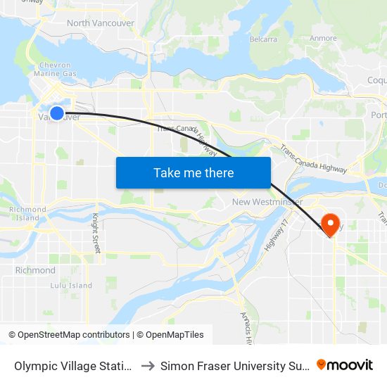 Olympic Village Station @ Bay 1 to Simon Fraser University Surrey Campus map