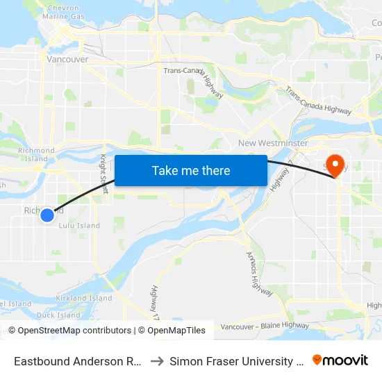Eastbound Anderson Rd @ Buswell St to Simon Fraser University Surrey Campus map