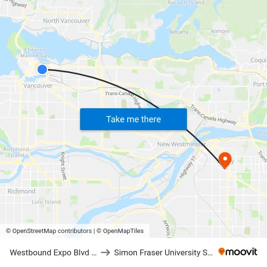 Westbound Expo Blvd @ Abbott St to Simon Fraser University Surrey Campus map