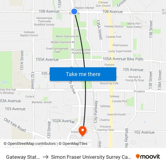 Gateway Station to Simon Fraser University Surrey Campus map