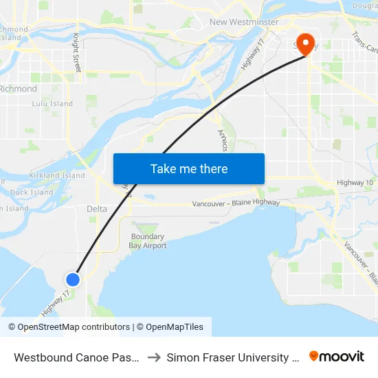 Westbound Canoe Pass Way @ 52 St to Simon Fraser University Surrey Campus map