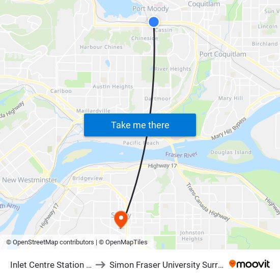 Inlet Centre Station @ Bay 2 to Simon Fraser University Surrey Campus map