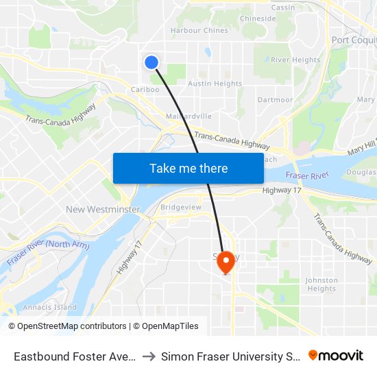 Eastbound Foster Ave @ Aspen St to Simon Fraser University Surrey Campus map