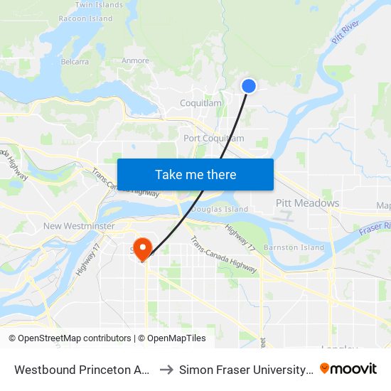 Westbound Princeton Ave @ Kingston St to Simon Fraser University Surrey Campus map