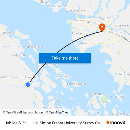 Jubilee & 2nd St to Simon Fraser University Surrey Campus map