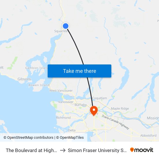 The Boulevard at Highlands Way S to Simon Fraser University Surrey Campus map