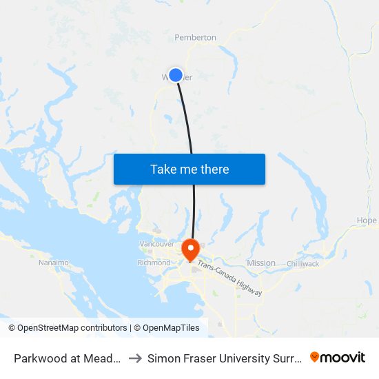 Parkwood at Meadow Lane to Simon Fraser University Surrey Campus map