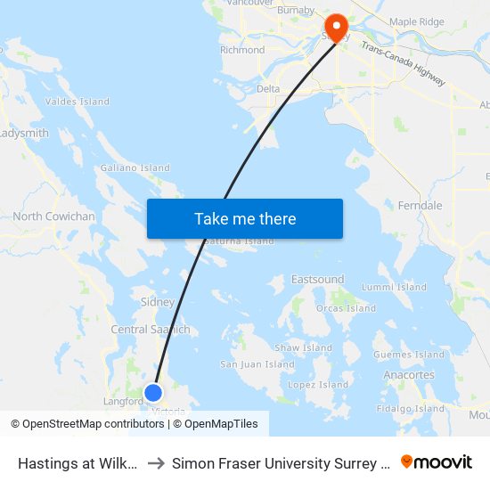 Hastings at Wilkinson to Simon Fraser University Surrey Campus map