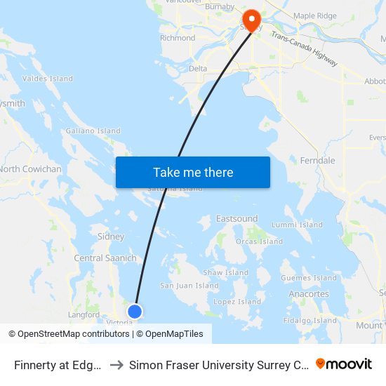 Finnerty at Edgelow to Simon Fraser University Surrey Campus map