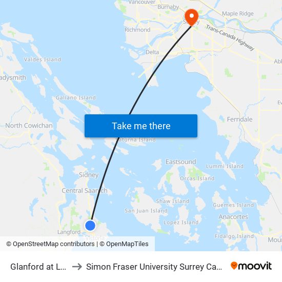 Glanford at Lodi to Simon Fraser University Surrey Campus map