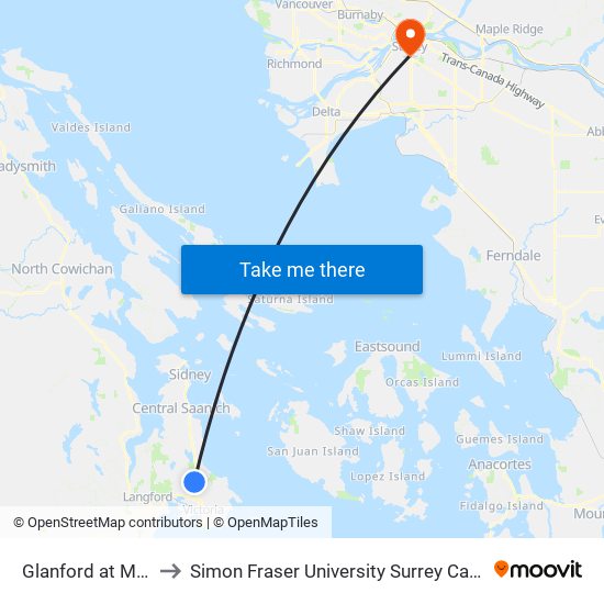 Glanford at Mann to Simon Fraser University Surrey Campus map