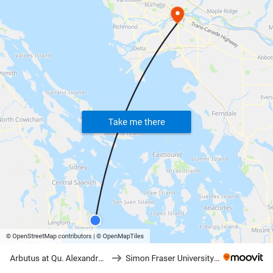 Arbutus at Qu. Alexandra Childrens Hosp. to Simon Fraser University Surrey Campus map