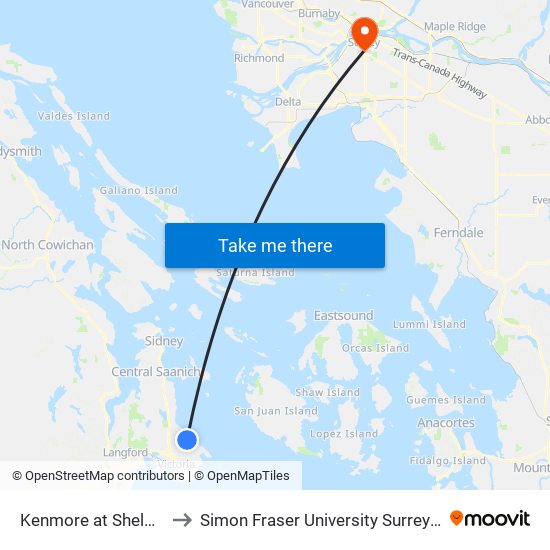 Kenmore at Shelbourne to Simon Fraser University Surrey Campus map