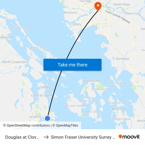 Douglas at Cloverdale to Simon Fraser University Surrey Campus map