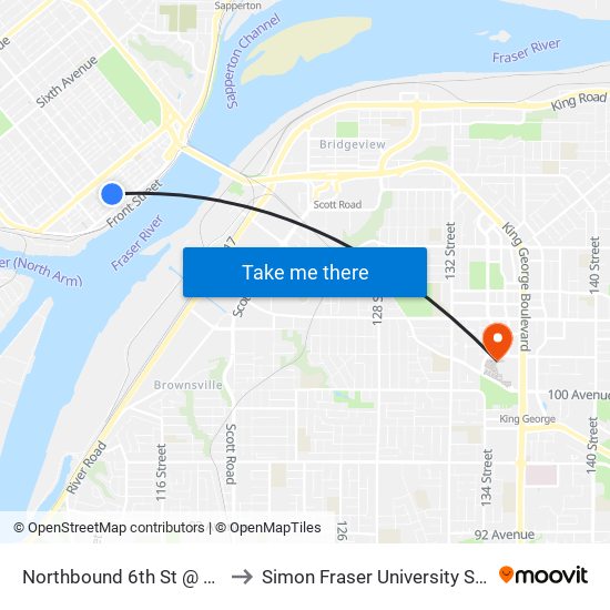 Northbound 6th St @ Carnarvon St to Simon Fraser University Surrey Campus map