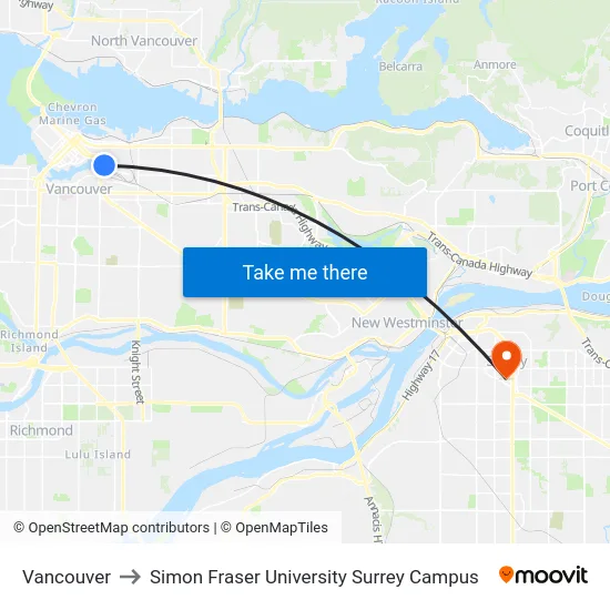 Vancouver to Simon Fraser University Surrey Campus map