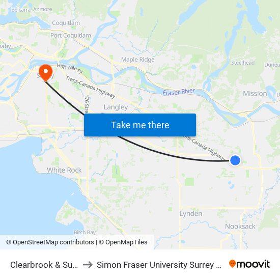 Clearbrook & Sunrise to Simon Fraser University Surrey Campus map