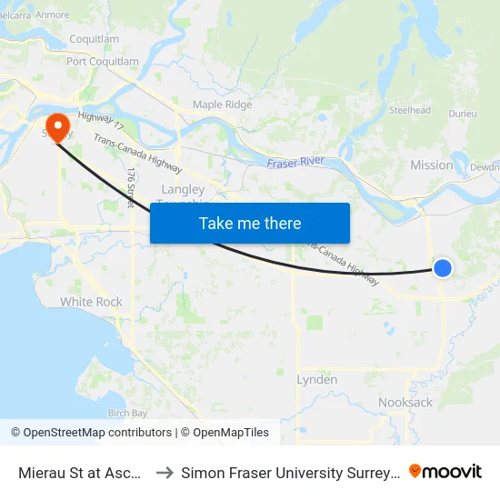 Mierau St at Ascott Ave to Simon Fraser University Surrey Campus map