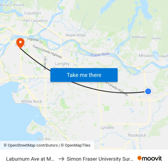 Laburnum Ave at Maclure Rd to Simon Fraser University Surrey Campus map