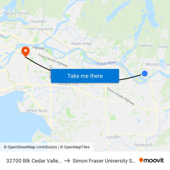 32719 Cedar Valley to Simon Fraser University Surrey Campus map