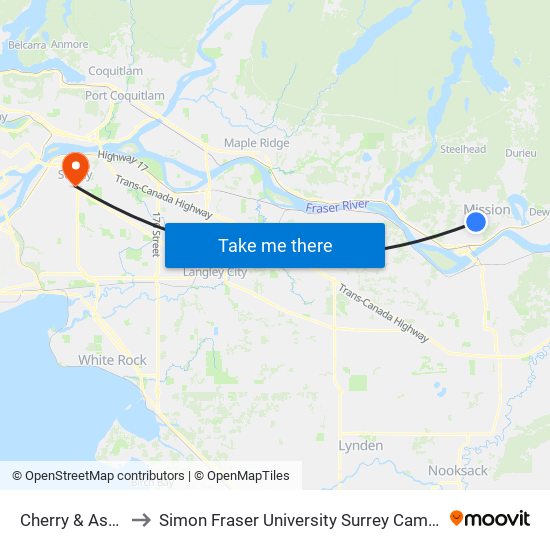 Cherry & Aster to Simon Fraser University Surrey Campus map