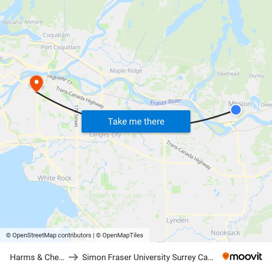 Harms St at Cherry Ave to Simon Fraser University Surrey Campus map