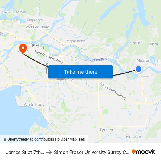 James St at 7th Ave to Simon Fraser University Surrey Campus map