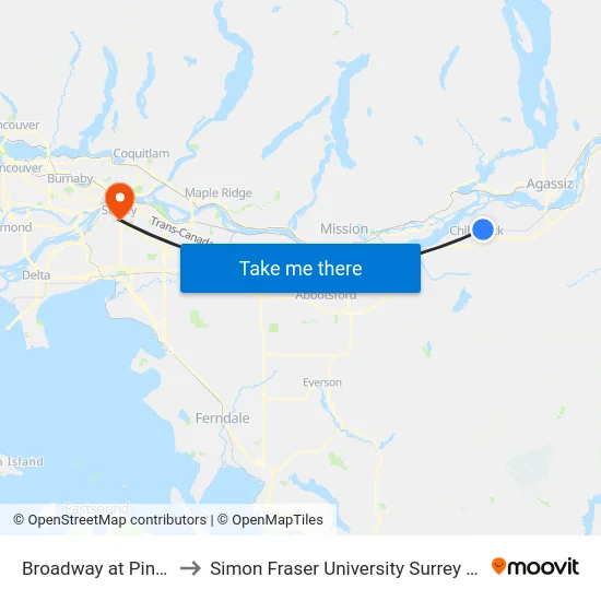 Broadway at Pine Ave to Simon Fraser University Surrey Campus map