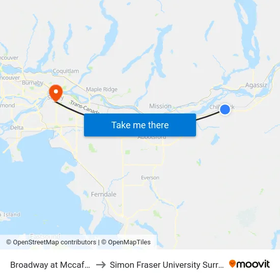 Broadway at Mccaffrey Blvd to Simon Fraser University Surrey Campus map